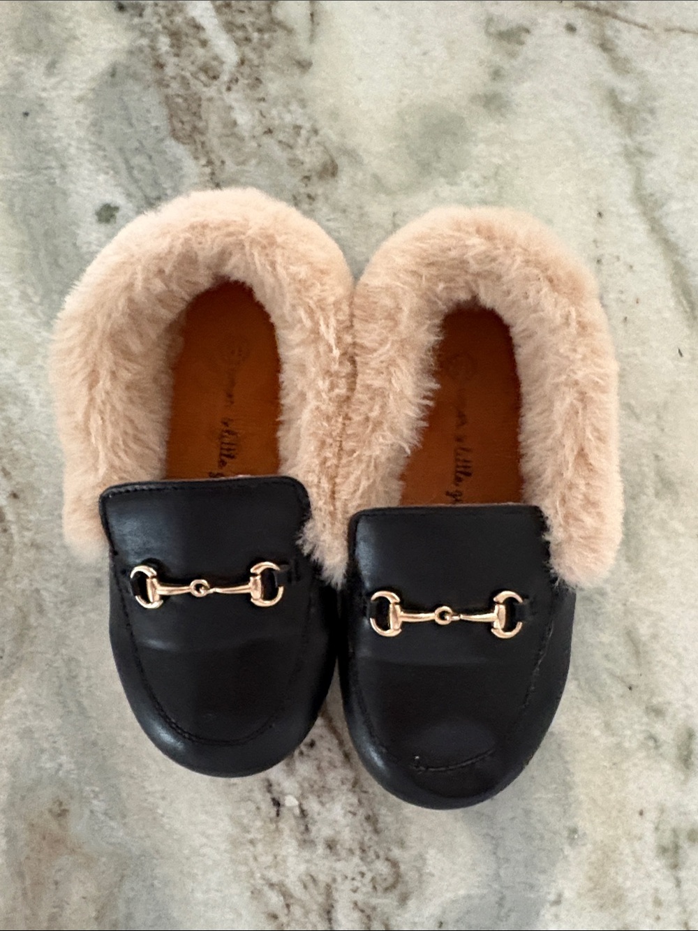 Black Faux Fur Lined Loafers with Gold Horsebit